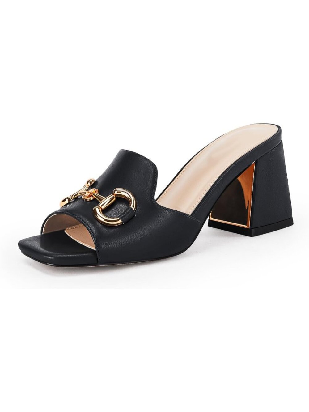 Women's Black Mules Single Band Comfort Slip-on Shoes Metal Chain Chunky Heel